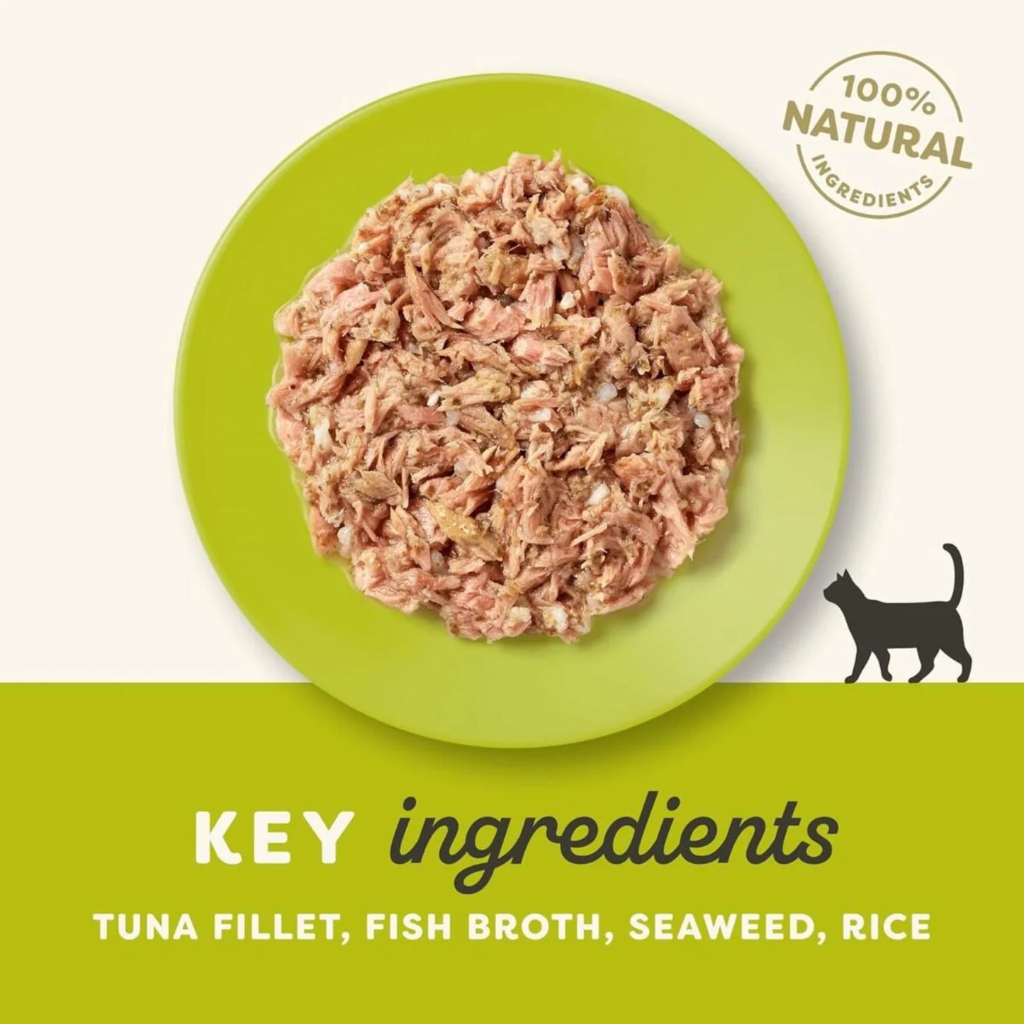 Green plate with raw pet food, '100% Natural' label, and key ingredients listed.