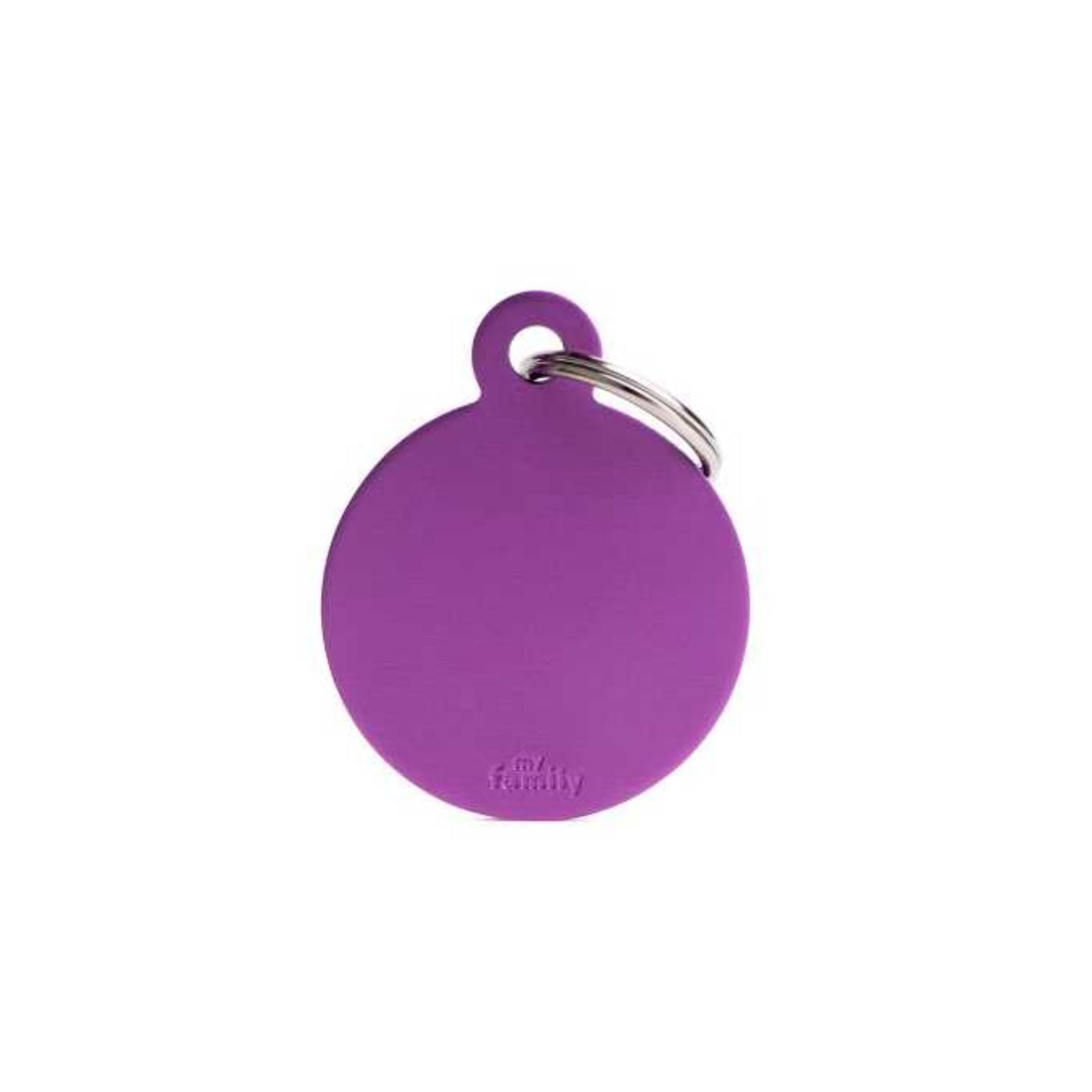 Purple round pet ID tag on a white background