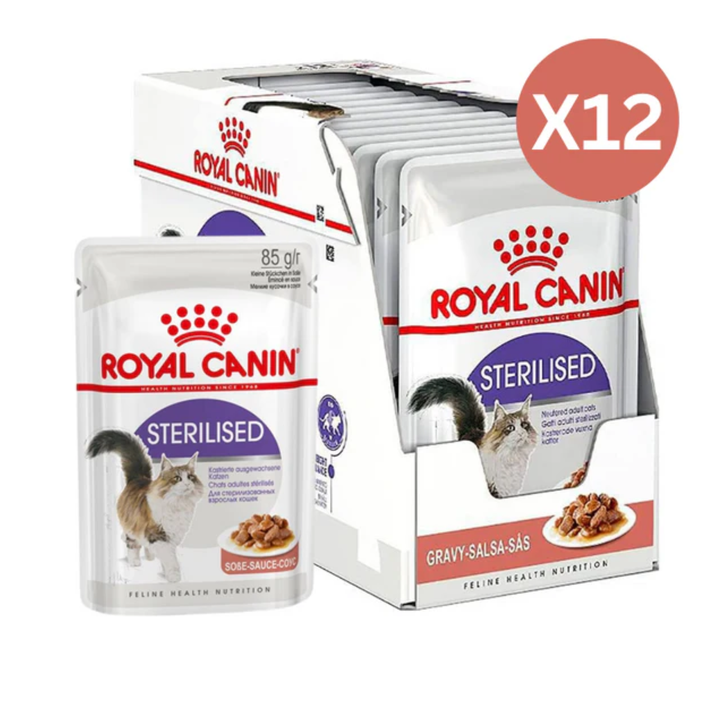 Royal Canin Sterilised cat food packets with a display stand on a white background