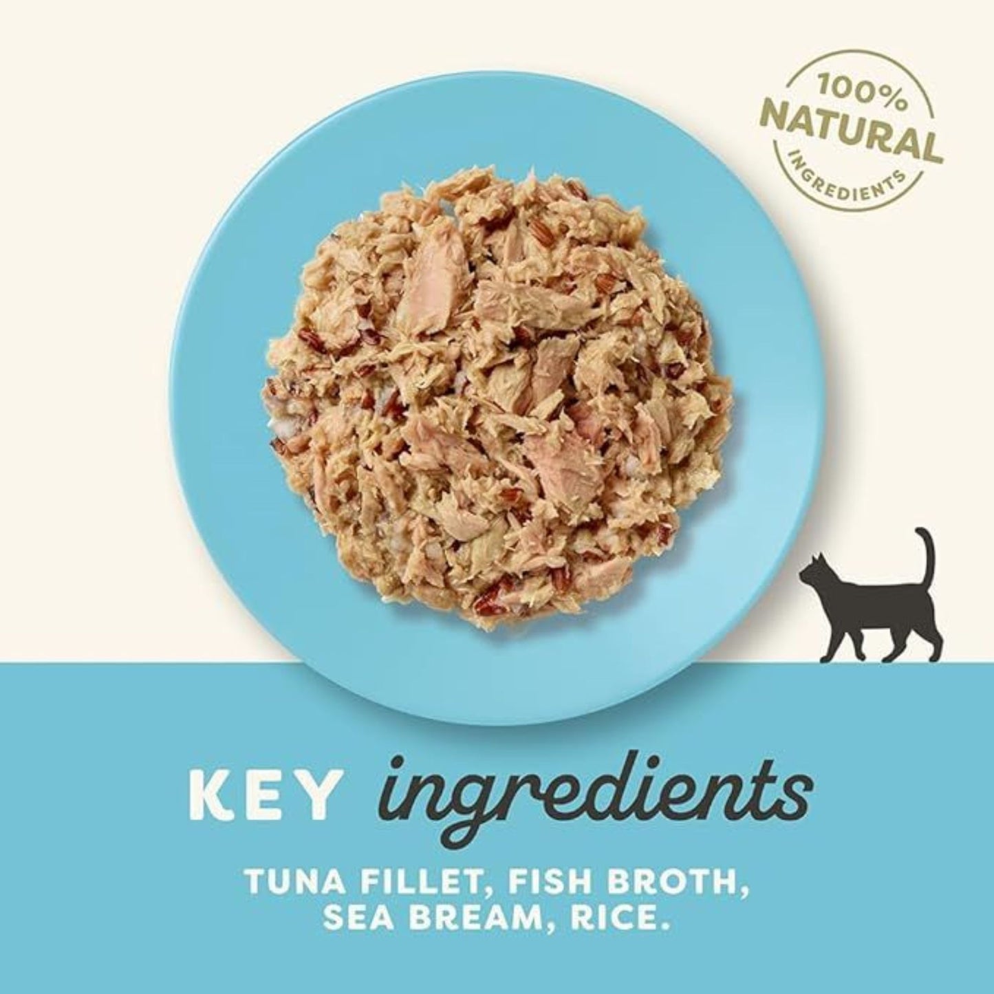 Cat food on a blue plate with '100% Natural' label and key ingredients listed.