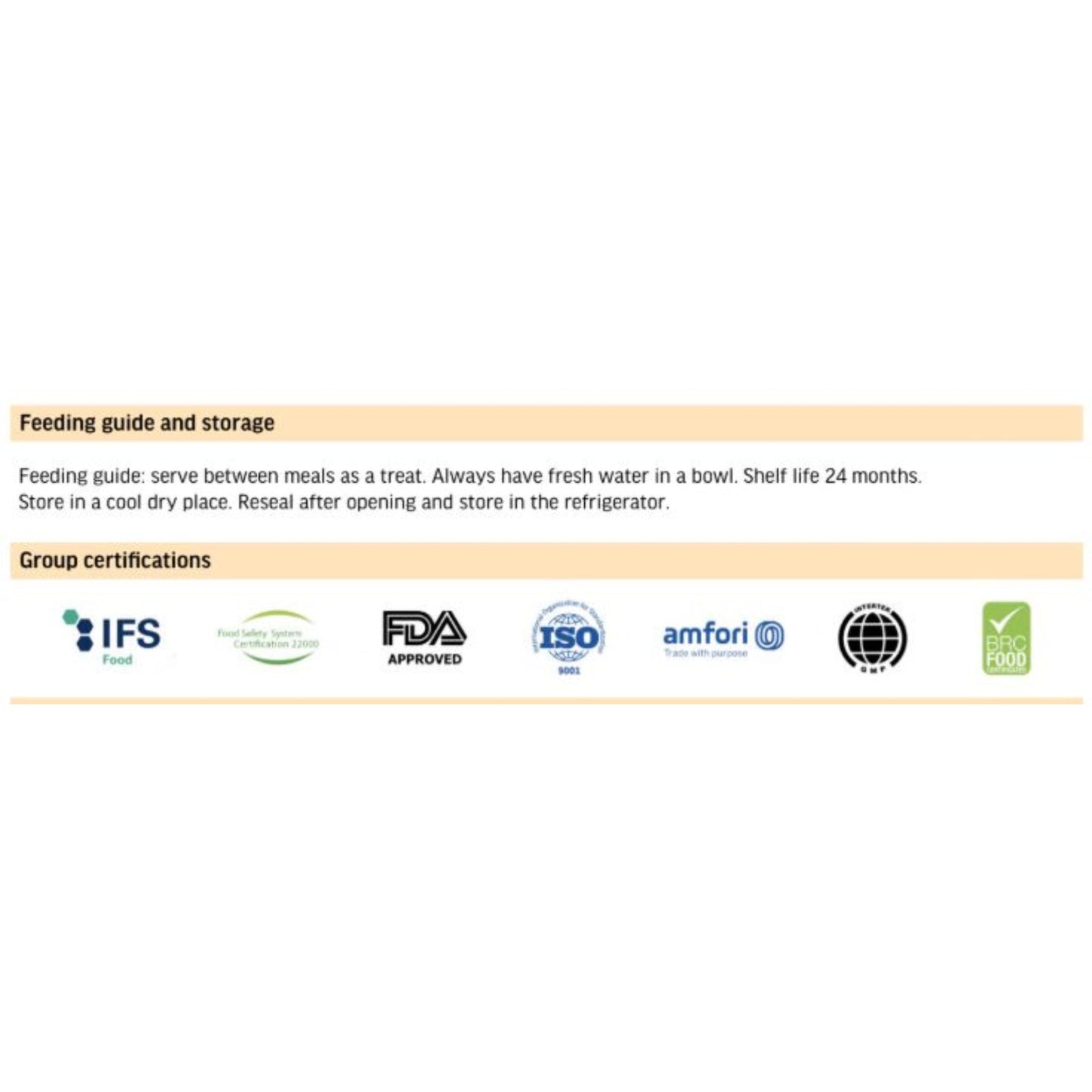 Feeding guide and storage instructions with certification logos on a white background