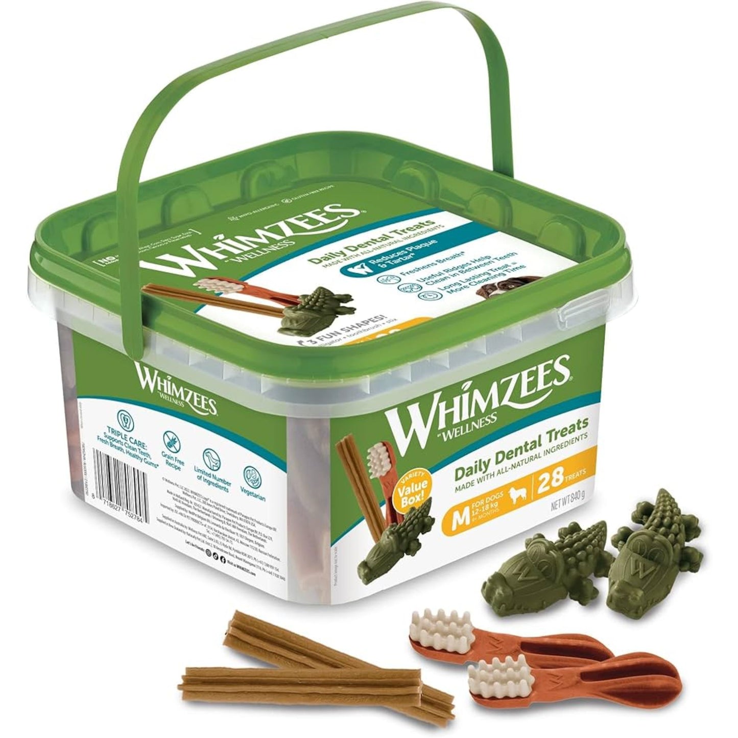 Whimzees dental treats packaging with green lid and clear body, featuring treats and tools on a white background.