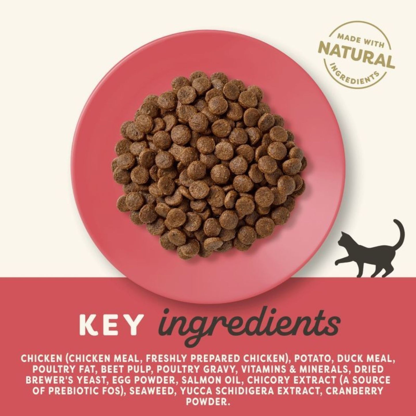 Cat food on a pink plate with key ingredients listed below.