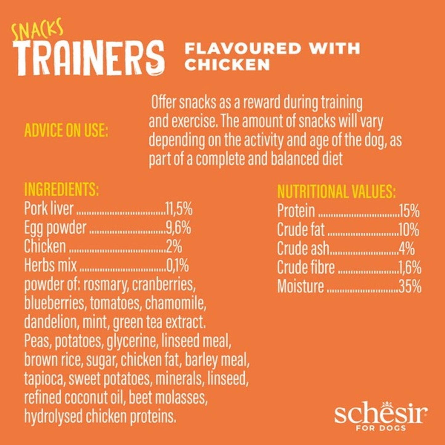 Snacks Trainers chicken-flavored dog snack packaging with nutritional information and ingredients list.