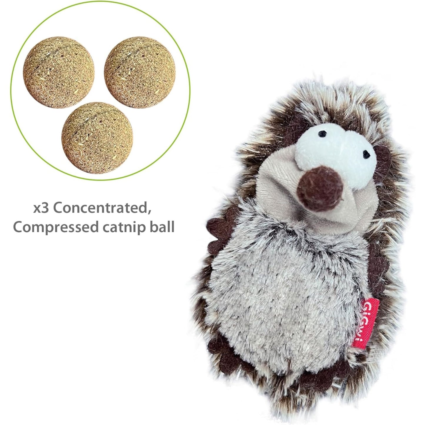 Hedgehog-shaped cat toy with three concentrated compressed catnip balls on a white background