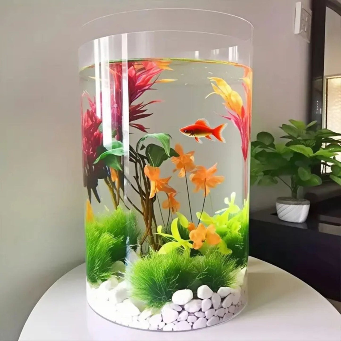 Cylindrical fish tank with colorful plants and a goldfish on a white surface.