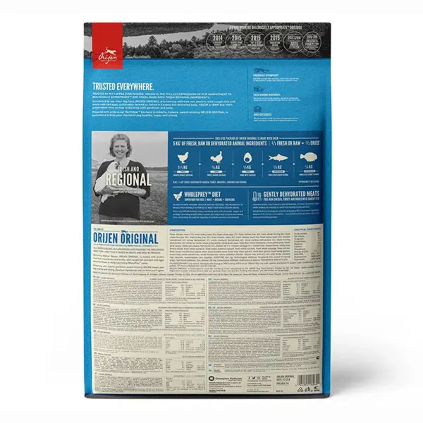 Back of a Orijen dog food package with blue and beige design