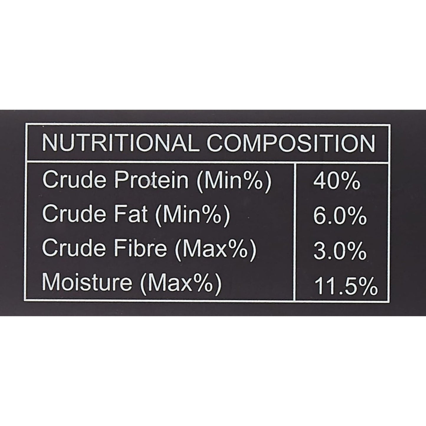 Nutritional composition label with protein, fat, fiber, and moisture percentages on a black background.