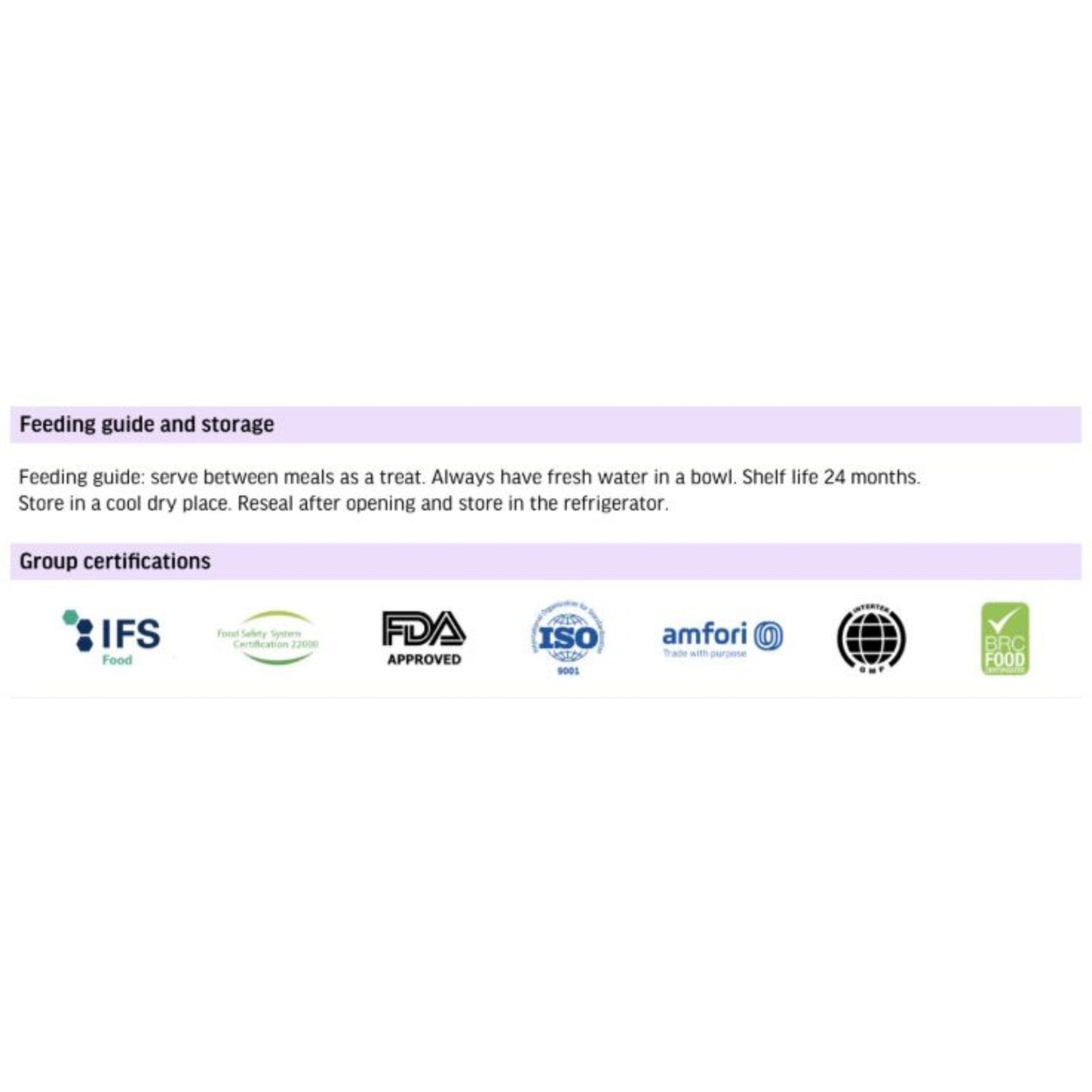 Feeding guide and storage instructions with group certifications on a white background