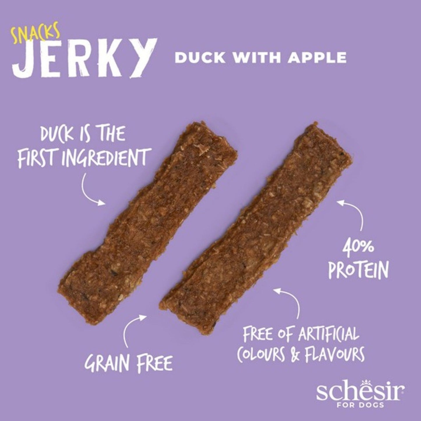 Two pieces of duck with apple jerky on a purple background with text about the product.