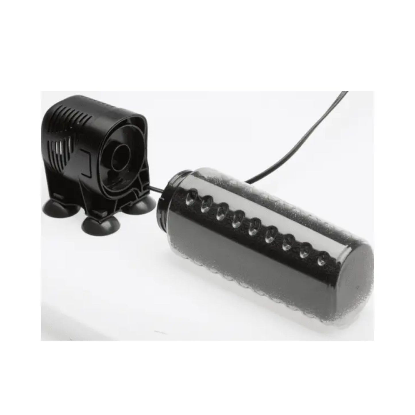 Black cylindrical device with a smaller black component on a white background