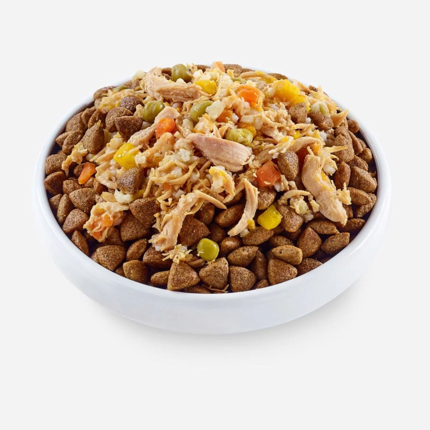 White bowl filled with a mix of dry and wet pet food on a white background