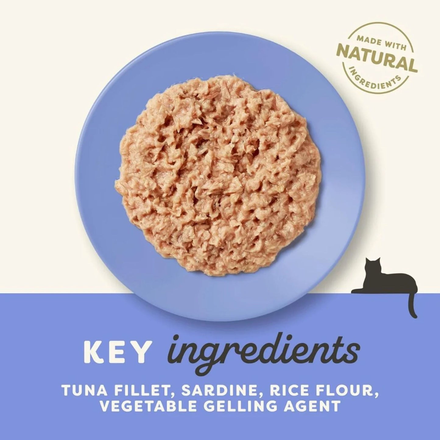 Cat food patty on a blue plate with 'Made with Natural Ingredients' label and key ingredients listed.