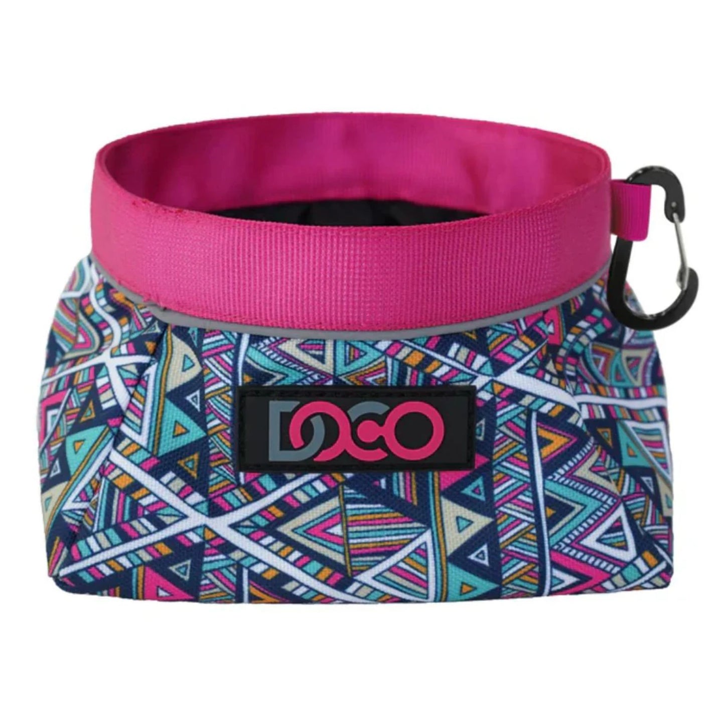 Colorful patterned choker with pink top and carabiner on a white background