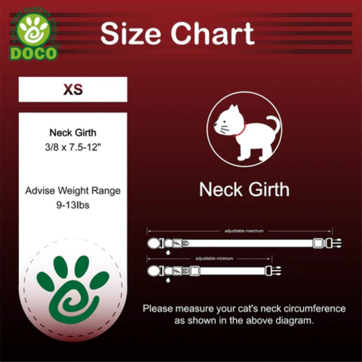 Size chart for DOCO cat collars with measurements and illustrations on a red background
