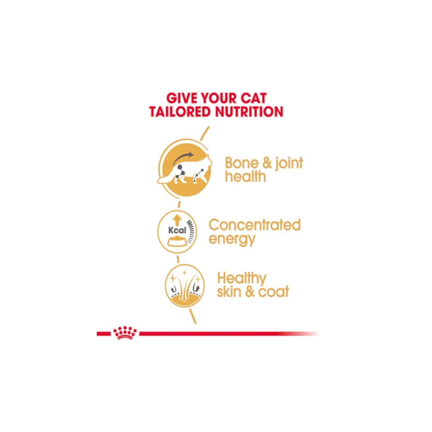Cat food nutrition label highlighting bone & joint health, concentrated energy, and healthy skin & coat on a white background.