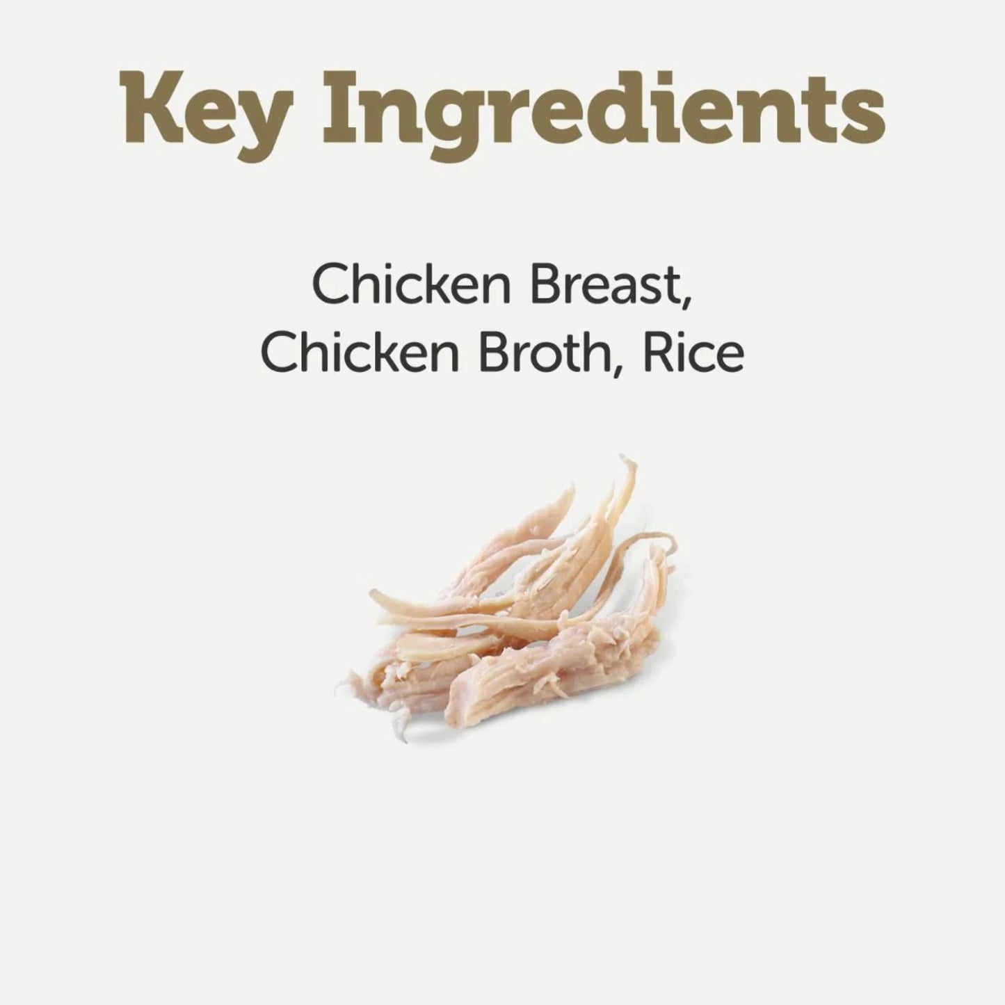 Text displaying key ingredients of chicken breast, chicken broth, and rice on a white background.
