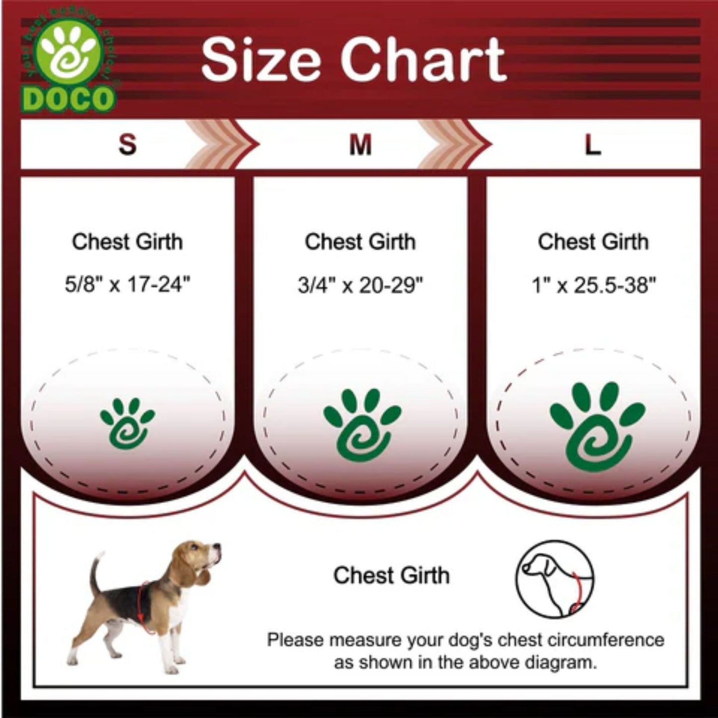 Size chart for dog products with chest girth measurements and a Doco logo.