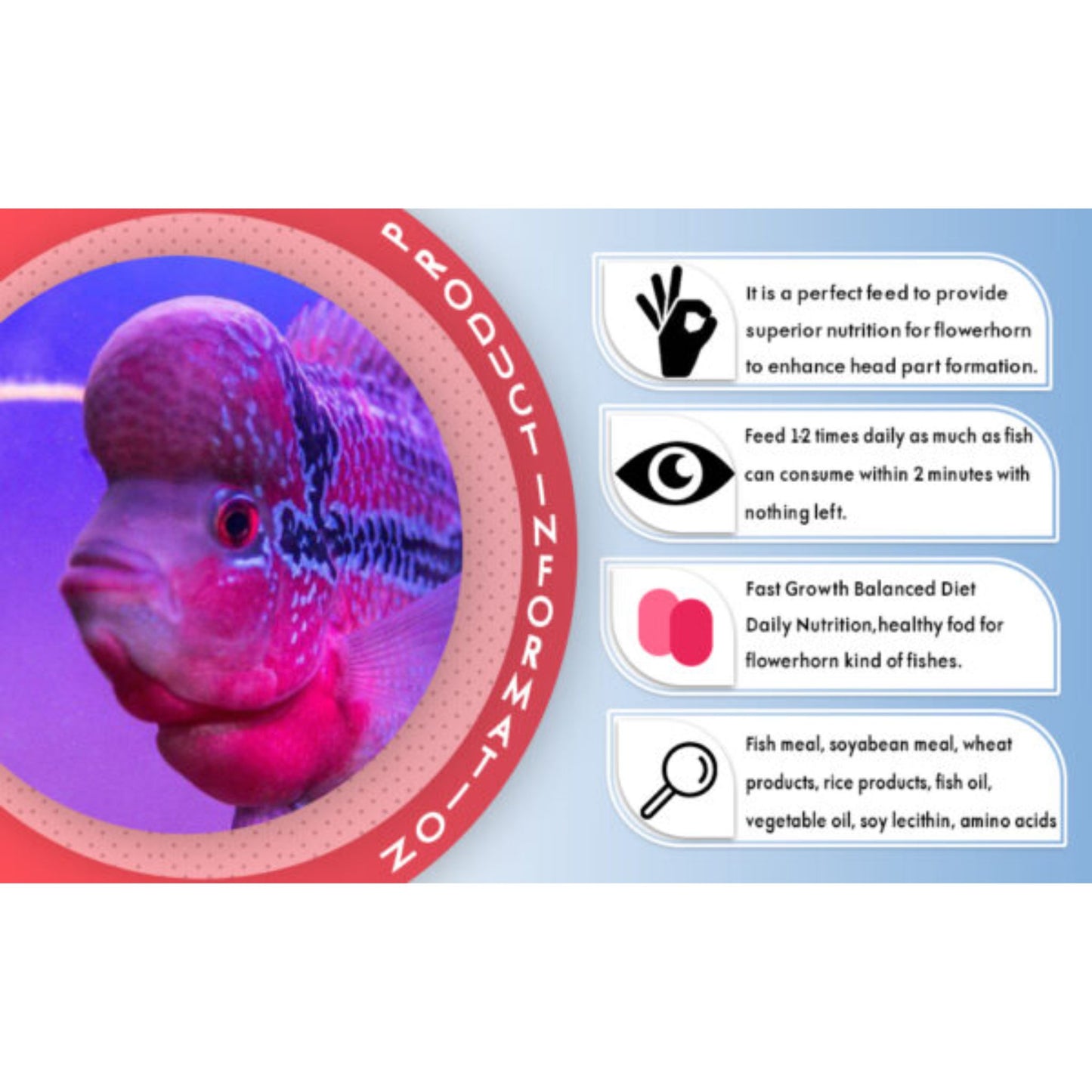 Product label for fish food with a close-up of a fish and nutritional information.