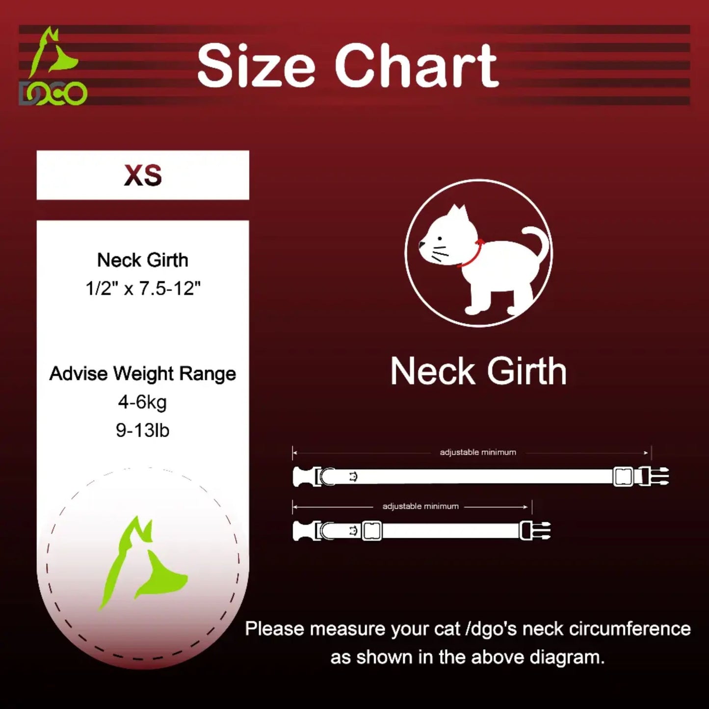Doco size chart for measuring a cat's neck girth on a red background