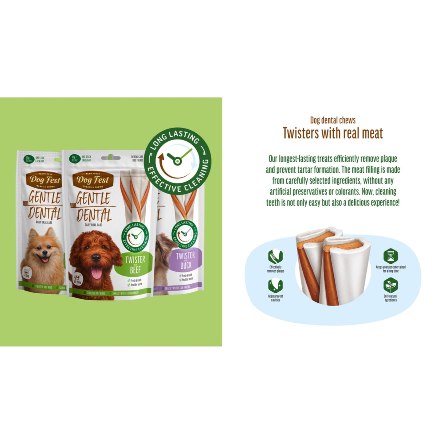 Dog dental chews packaging with text on a green and white background