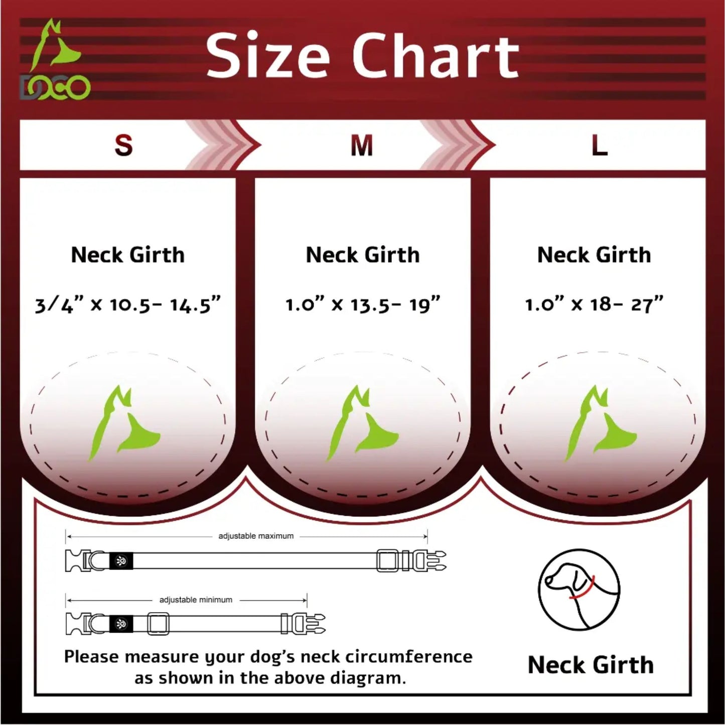 Dog collar size chart with neck girth measurements for small, medium, and large dogs.