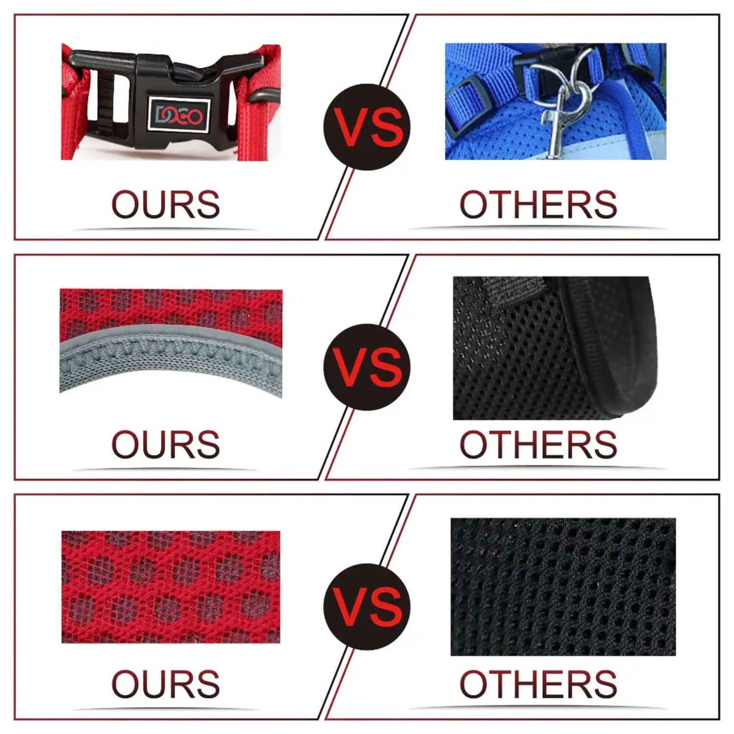 Comparison chart showing 'OURS' and 'OTHERS' dog harnesses and materials.