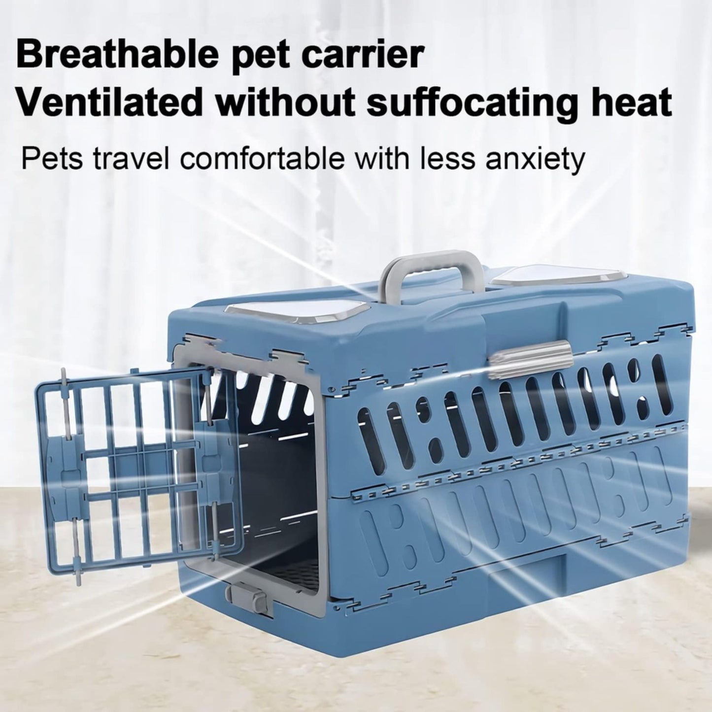 Blue pet carrier with text highlighting its features on a white background