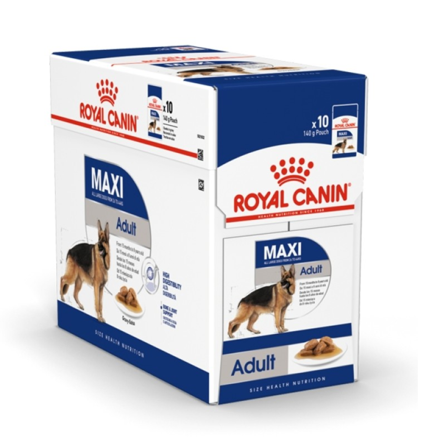 Royal Canin Maxi Adult dog food packaging on a white background