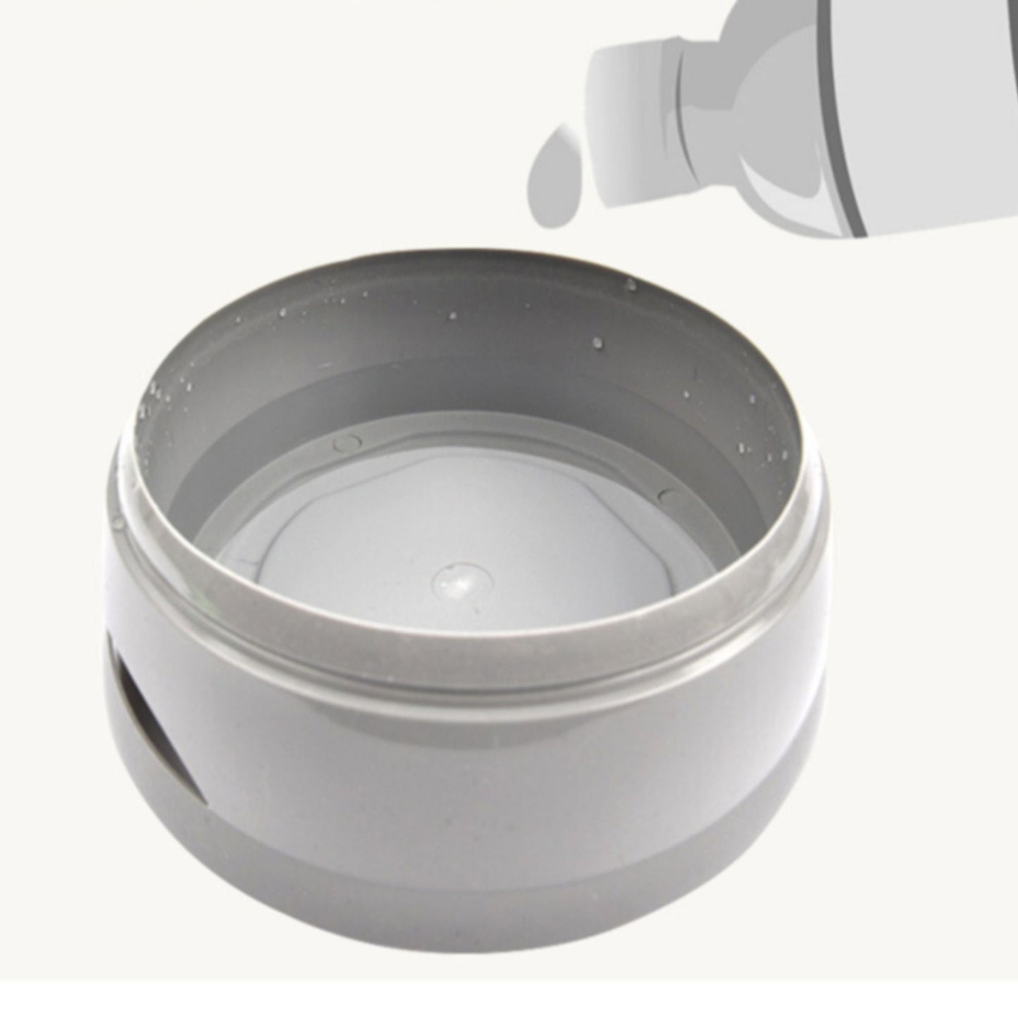 White container with grey lid being filled with a white substance