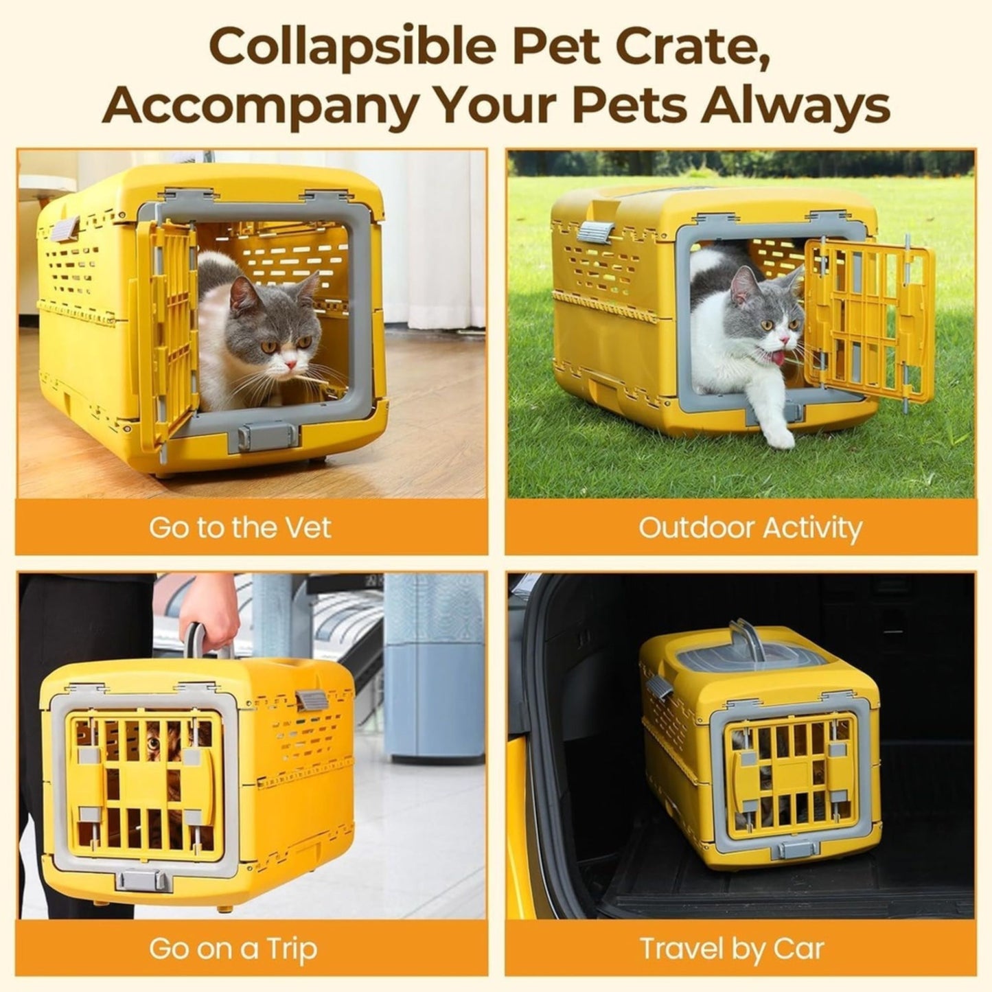 Collapsible pet crate with a cat inside, shown in various scenarios like vet visit, outdoor activity, trip, and car travel.