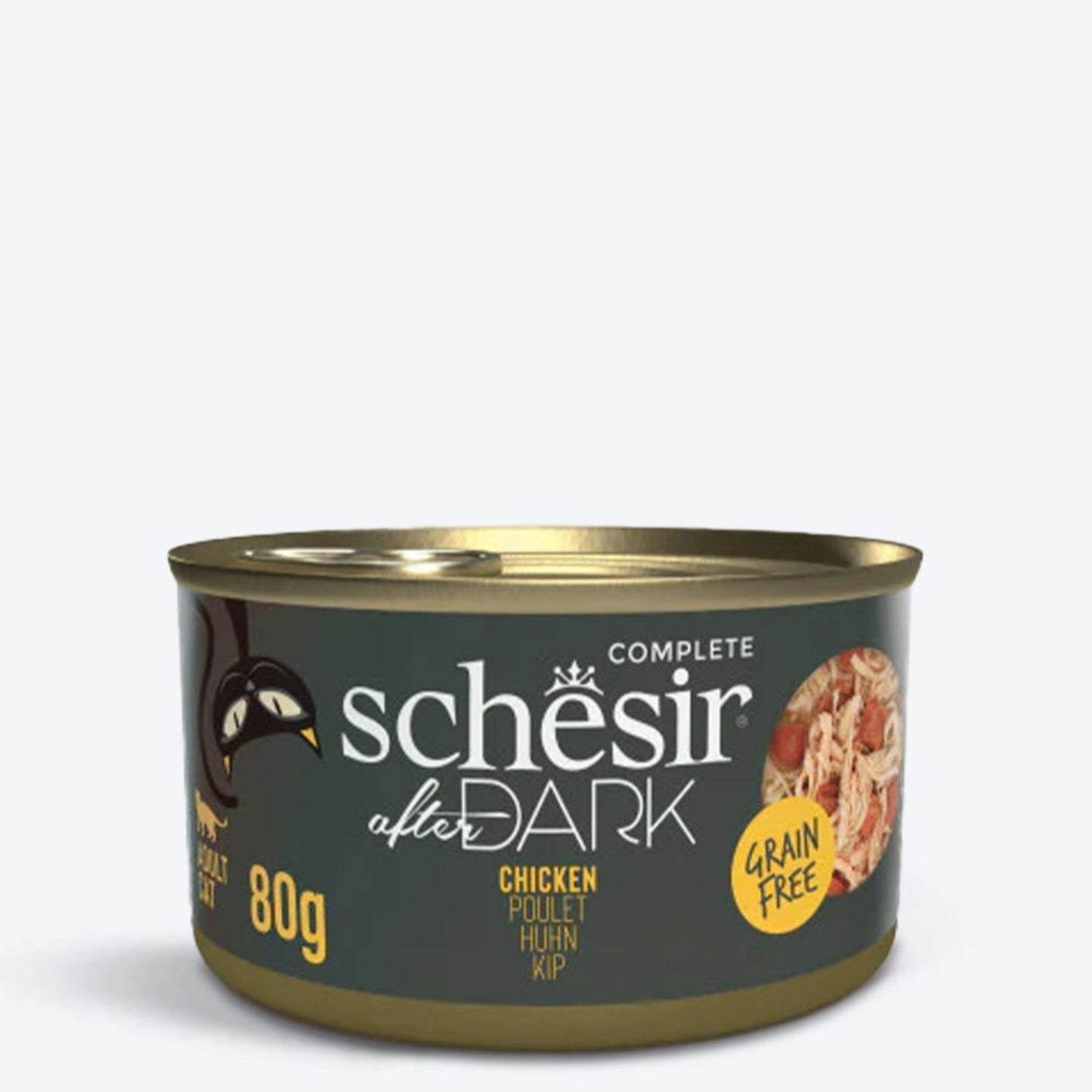 Can of Schesir Complete Dark chicken cat food on a white background