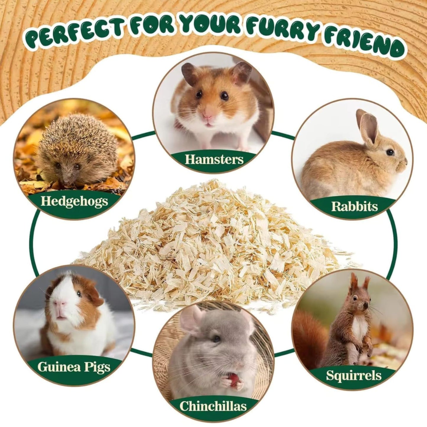Pet bedding product with images of small animals and text 'Perfect for your furry friend'.