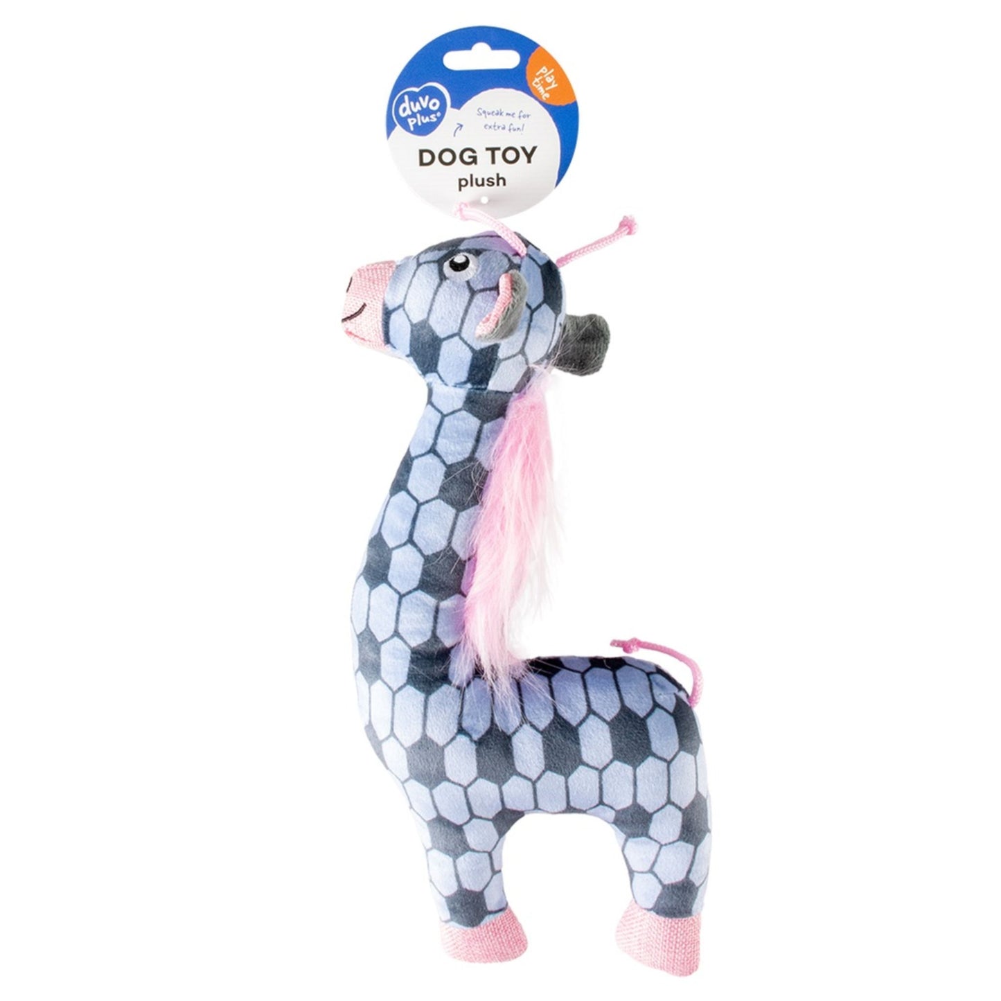 Plush dog toy shaped like a llama with a pink scarf on a white background