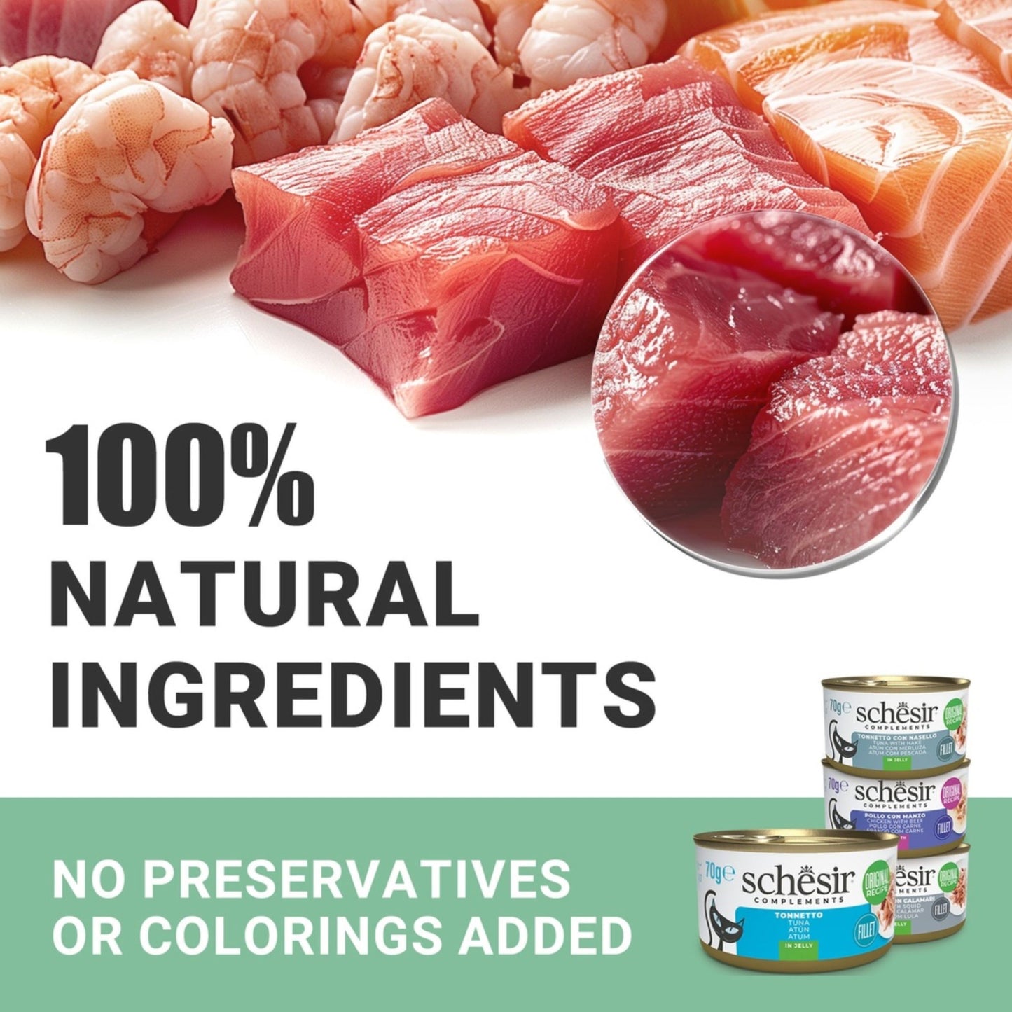 Raw meat products with Schesir pet food cans and text highlighting natural ingredients.