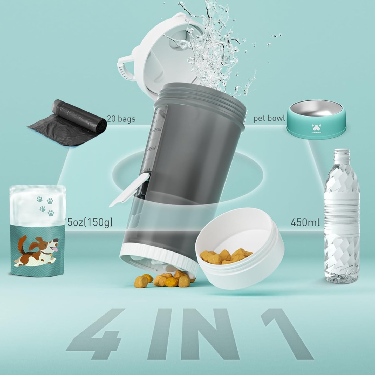 Pawgether Pure Travel 4 in 1 Pet Travel Bottle - Grey