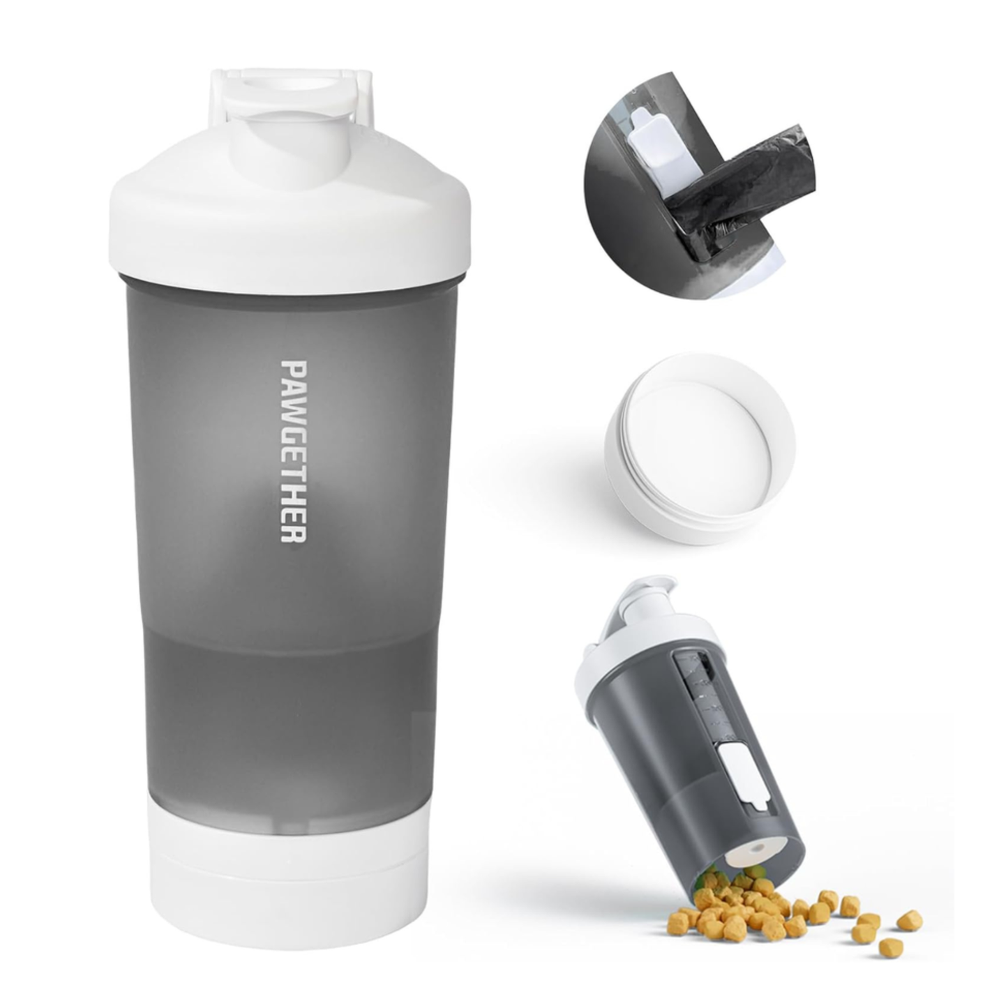 Grey and white pet supplement shaker with detachable parts on a white background