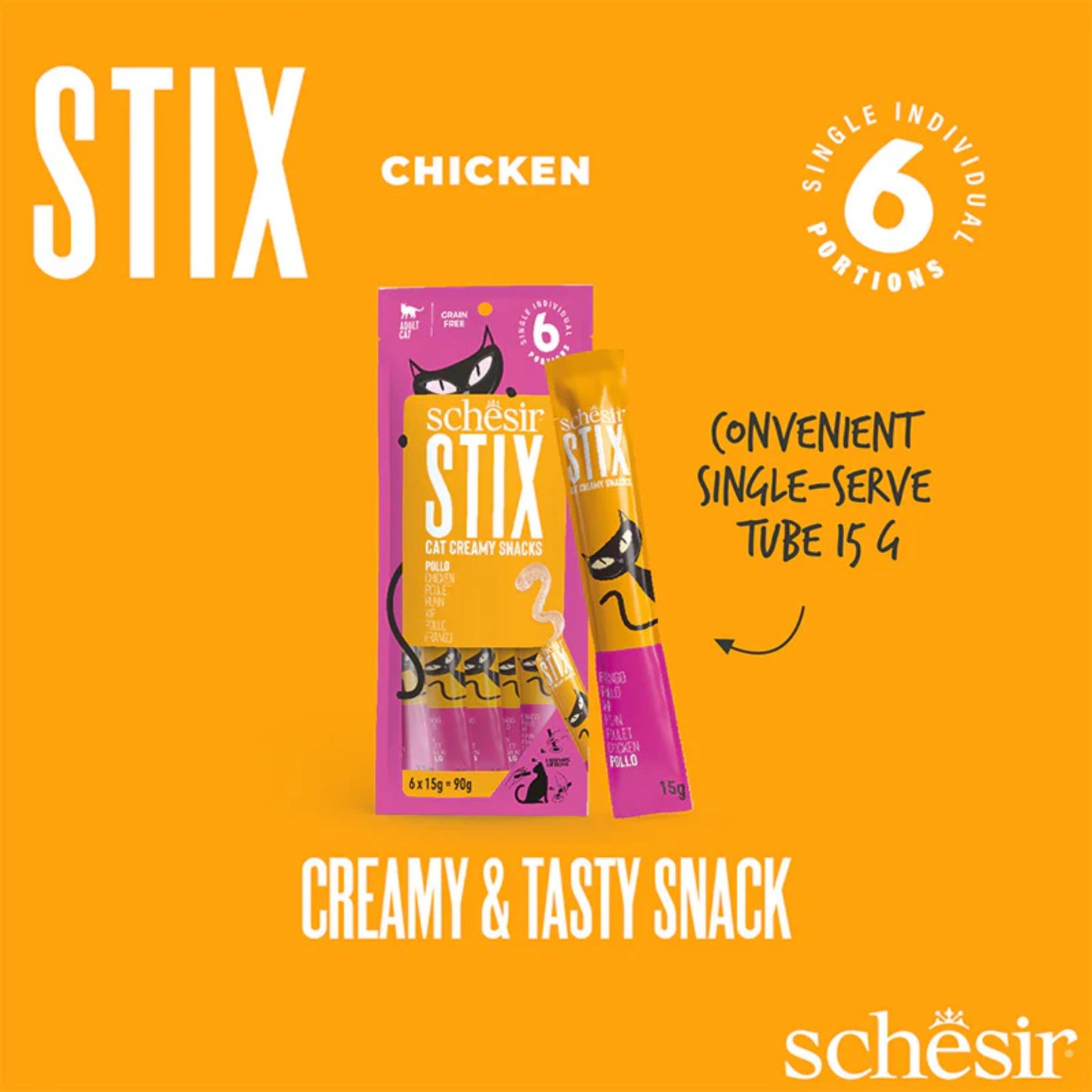 Schesir Stix Chicken cat treat packaging on an orange background