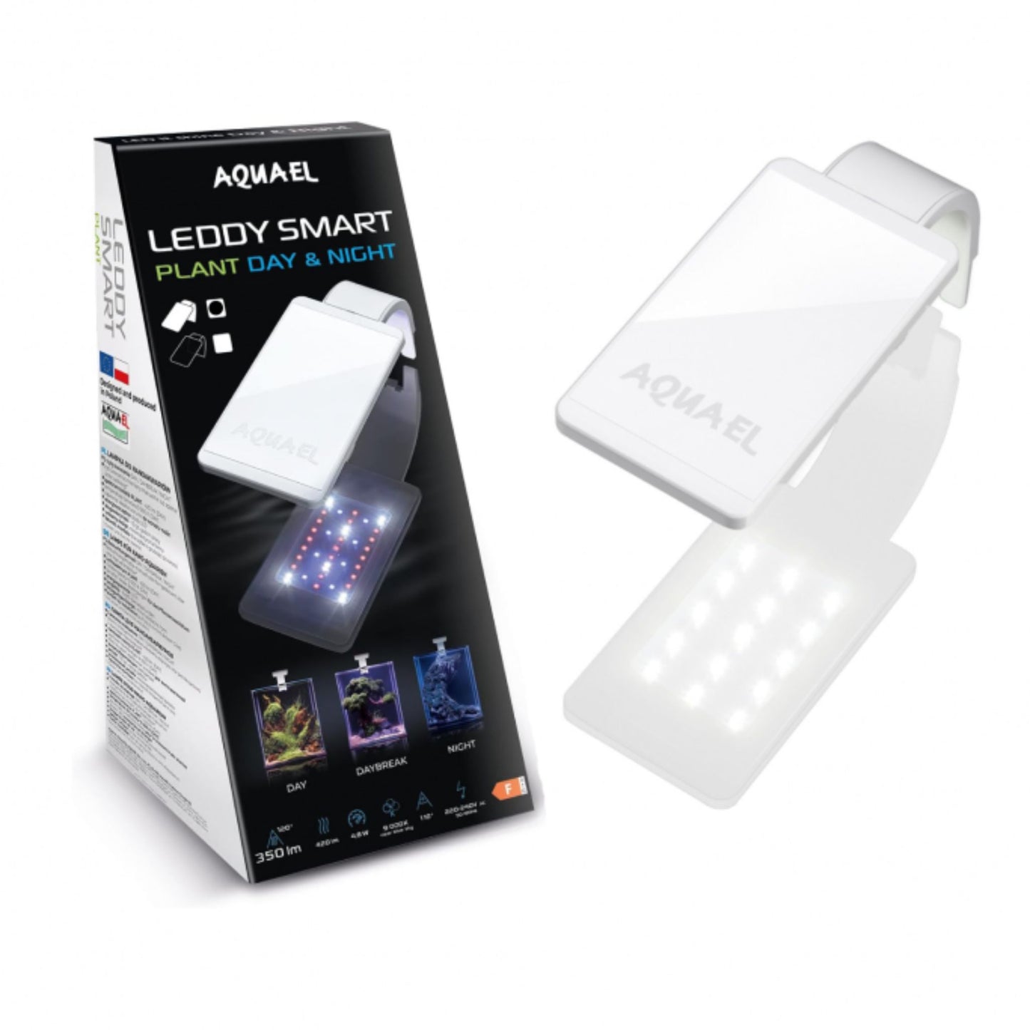 Aquael Leddy Smart plant light with packaging on a white background