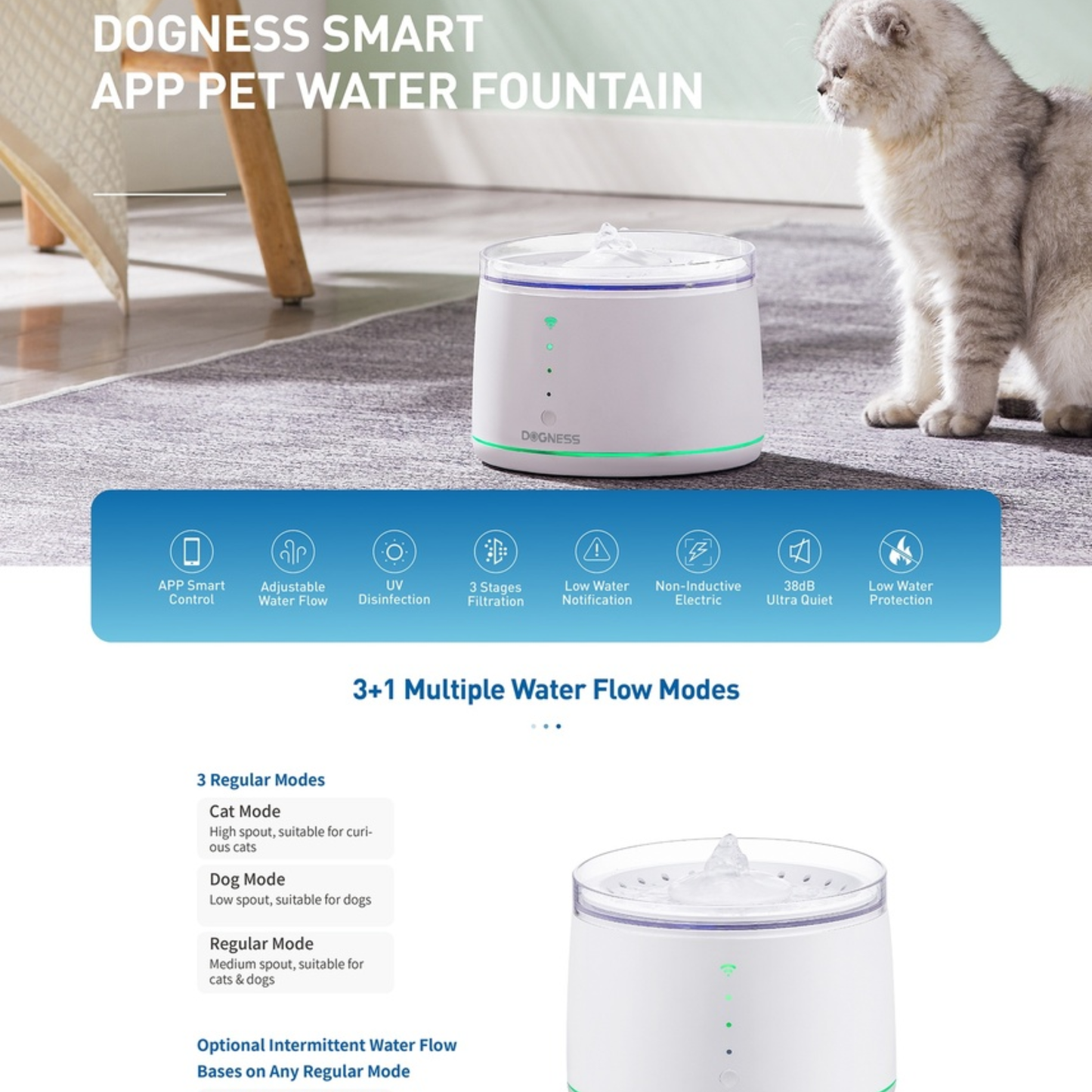 Dogness smart app pet water fountain with a cat in the background