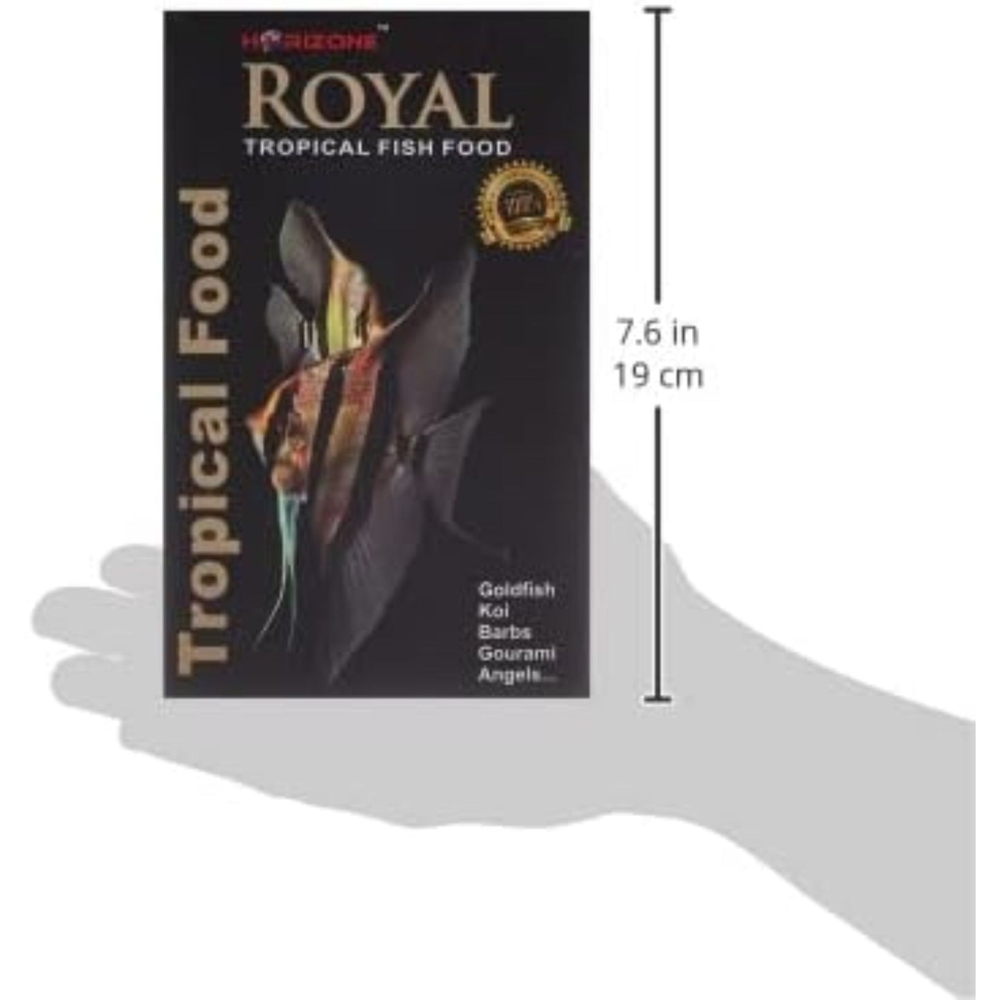 Horizone Royal Tropical Fish Food packaging with dimensions shown against a hand for scale.