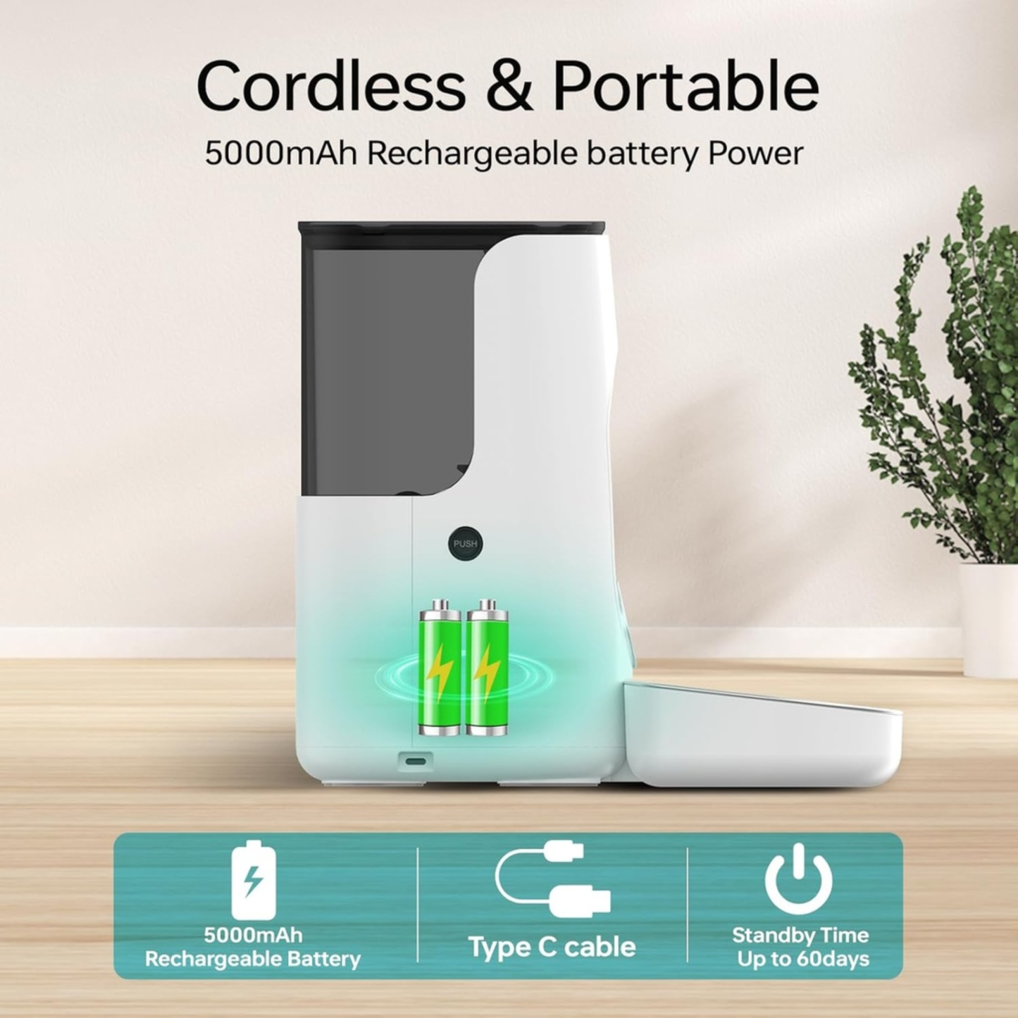 Cordless and portable device with 5000mAh rechargeable battery on a wooden surface.