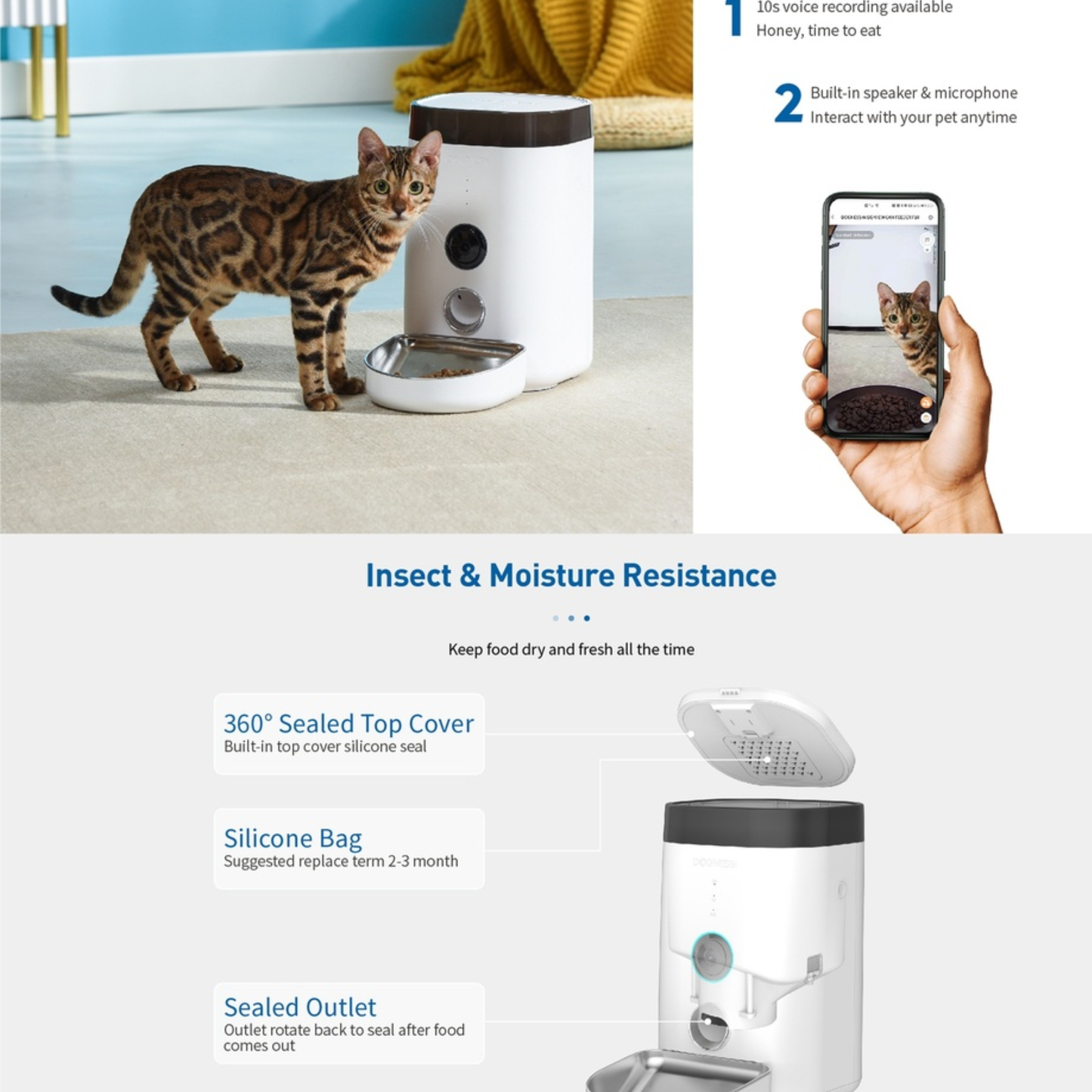 Pet food dispenser with a cat, smartphone app interaction, and product features on a white background.