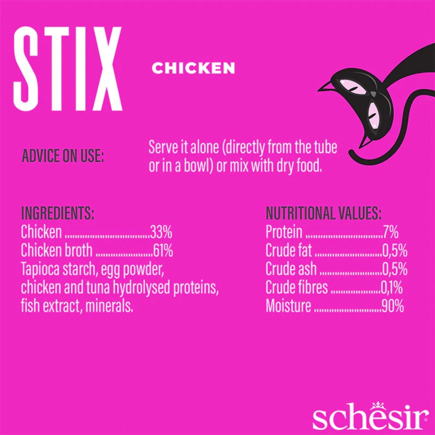 Schésir Stix Chicken product label with ingredients, nutritional values, and usage instructions on a pink background.