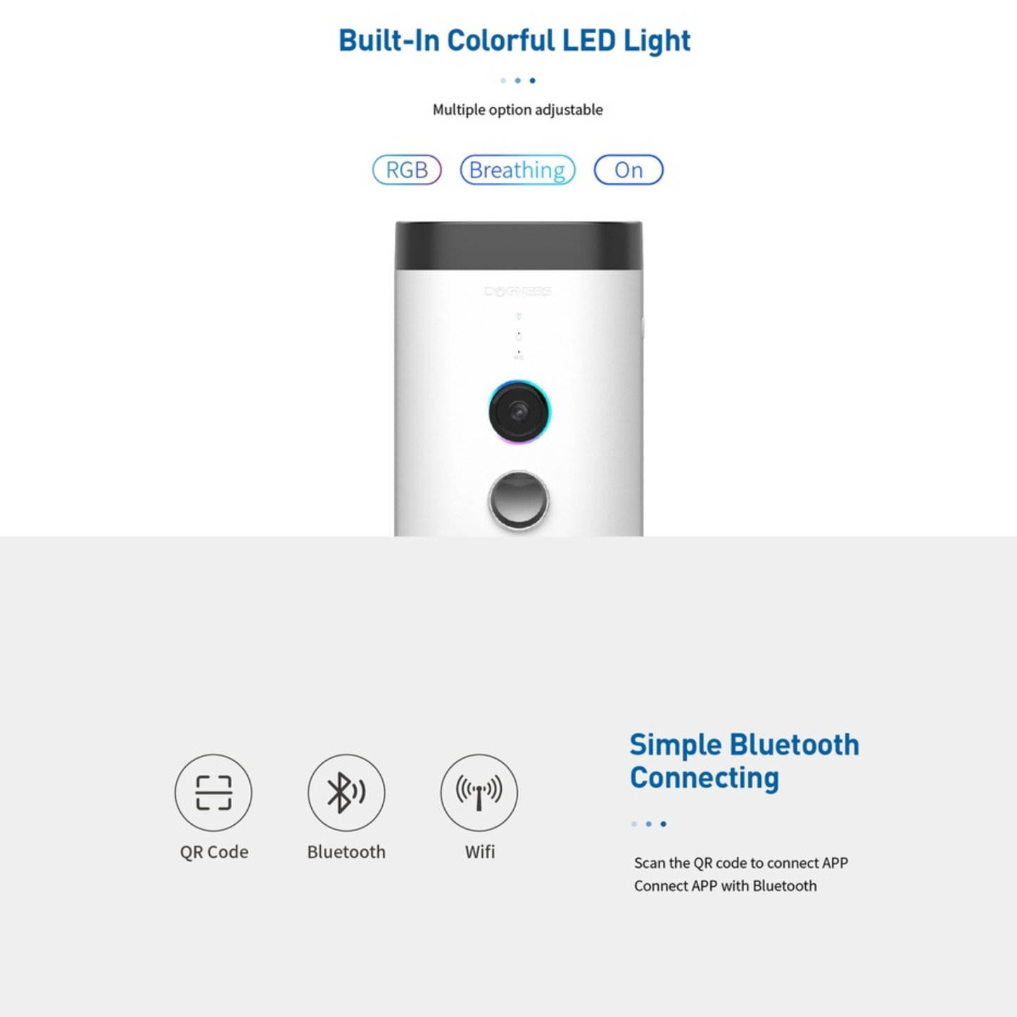 Smart device with LED light and connectivity options on a white background