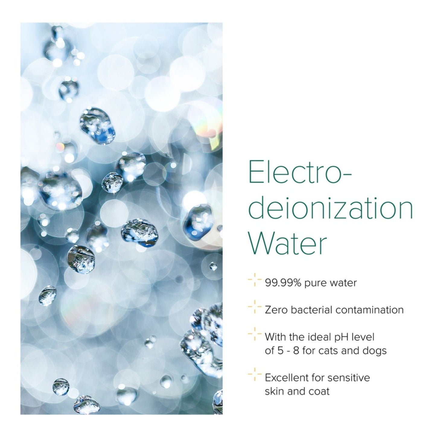 Advertisement for electro-deionization water with water droplets and text on a white background