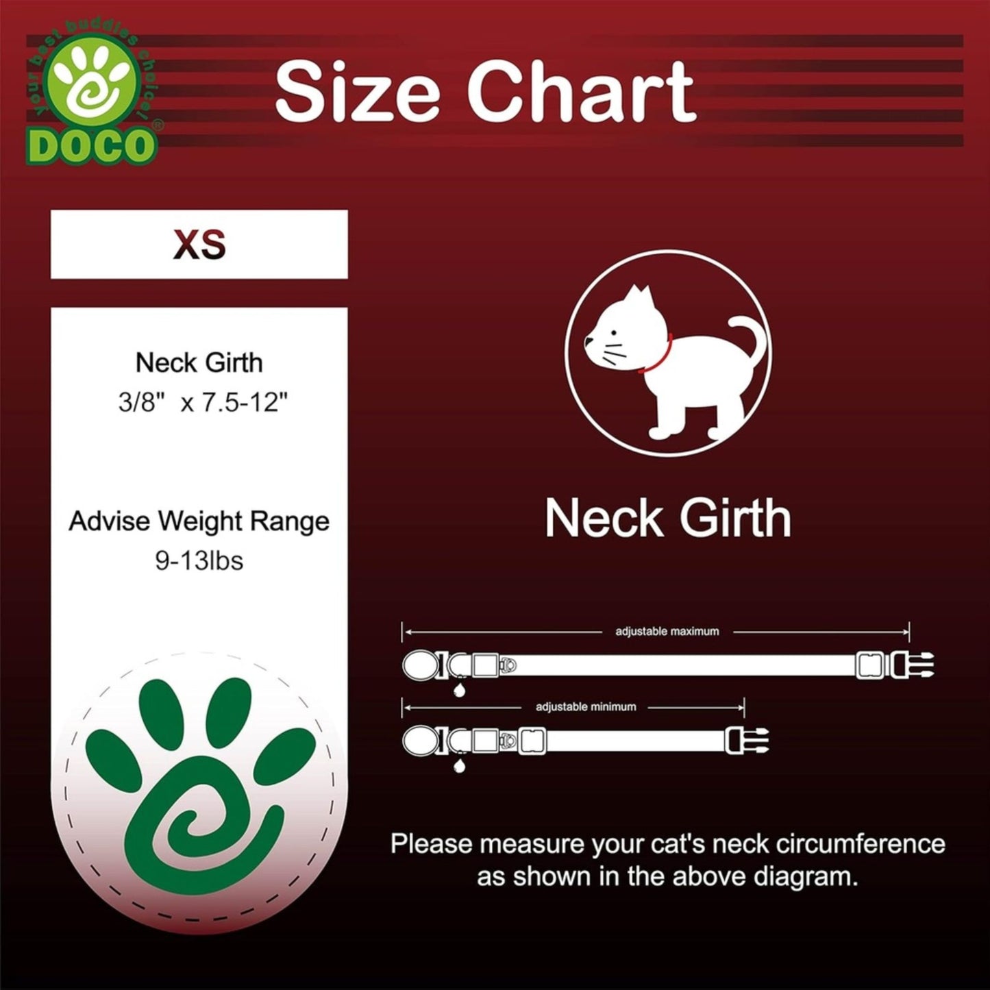 Size chart for DOCO pet products with cat illustrations and measurement details.