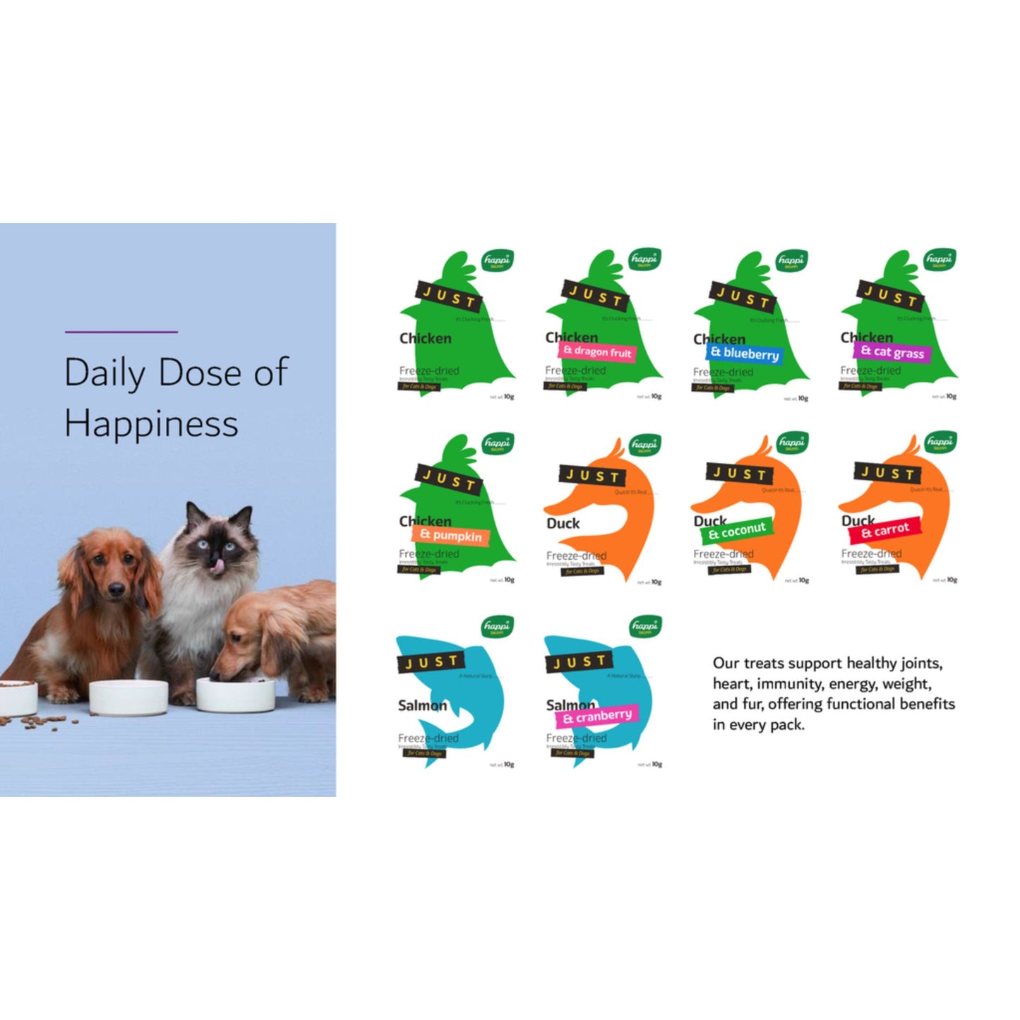 Dog and cat treats with 'Just' branding on a white background