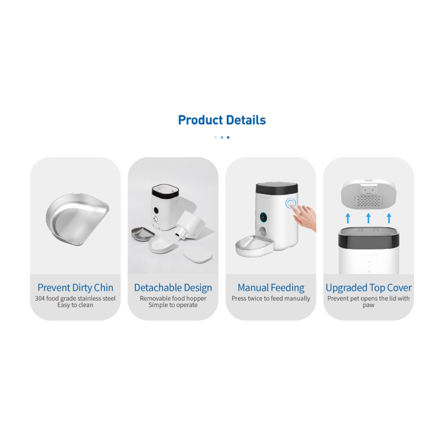 Product details of a pet feeder with features listed on a white background.