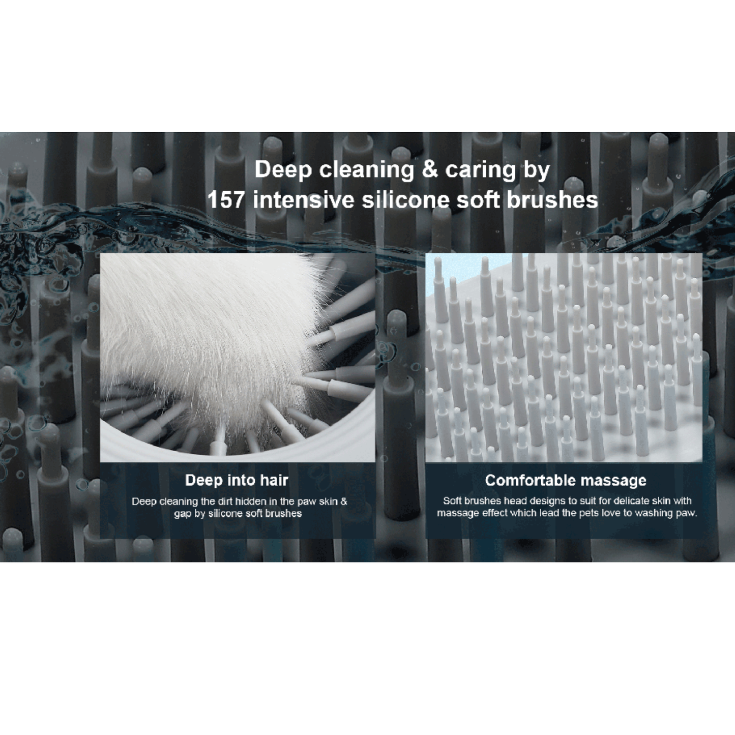 Silicone soft brushes for pet grooming with text highlighting features.